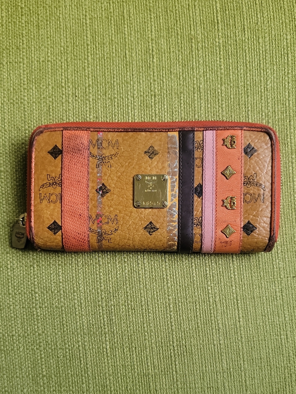 MCM Cognac Leather Zip Wallet with Pink and Orange Stripes